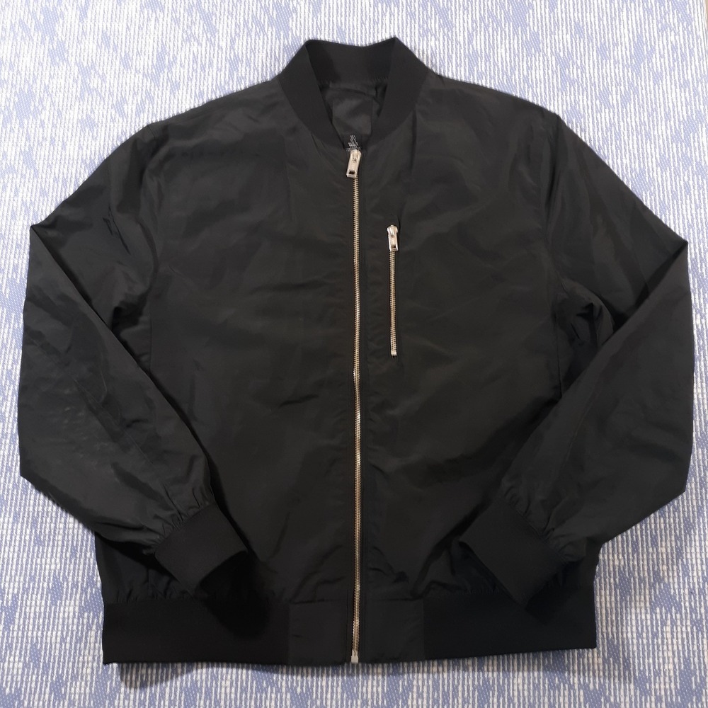 H&M Bomber Jacket Mens Large Black Full Zip Nylon Blend Lined Wind Resistant
